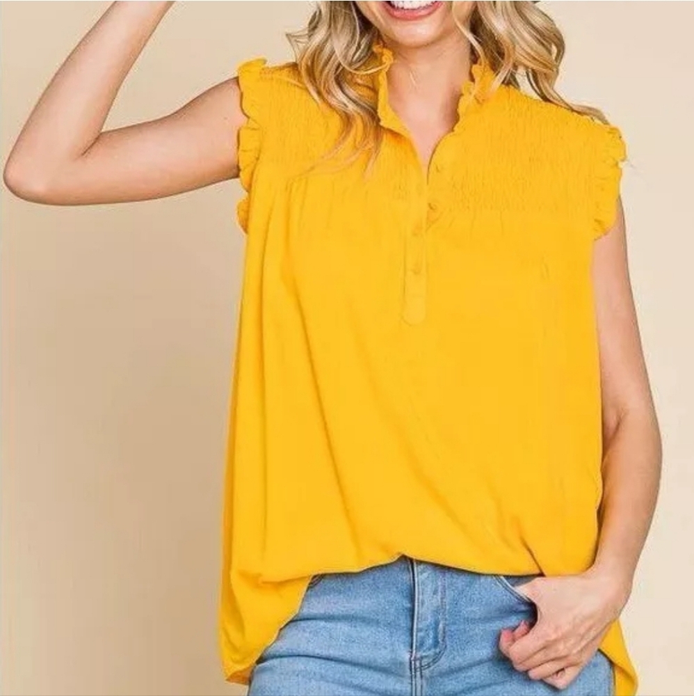 Ann Taylor LOFT Mustard Yellow Ruffle Blouse XXS Petite Smocked Sleeveless Top